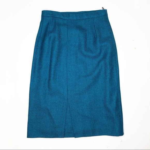 Vintage Aquascutum Houndstooth Wool Midi Pencil Skirt Teal 6 - Picture 6 of 9